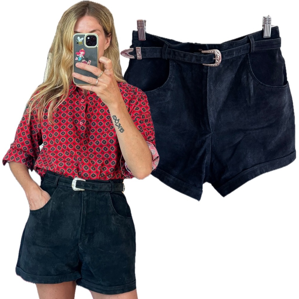Vintage Black Suede Leather High Waist Western Paperbag Shorts Removable Belt